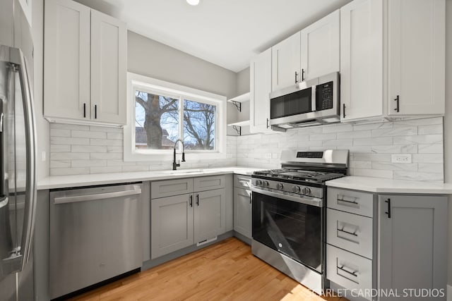 kitchen with a sink, stainless steel appliances, tasteful backsplash, and gray cabinets