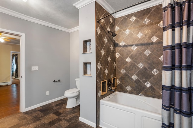 full bathroom featuring baseboards, ceiling fan, shower / bath combo with shower curtain, crown molding, and toilet