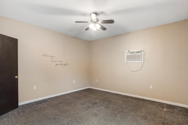 unfurnished room featuring baseboards, an AC wall unit, carpet, and a ceiling fan