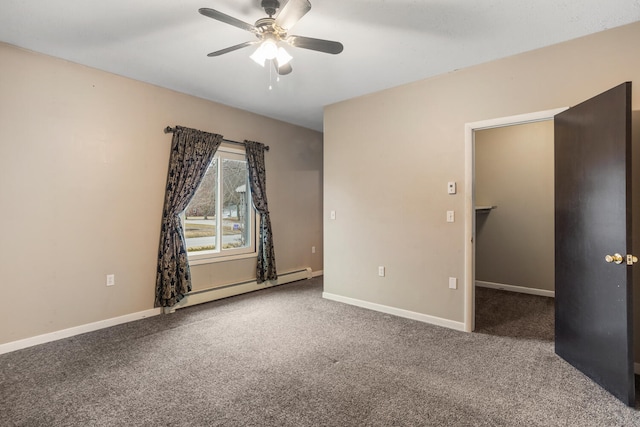 unfurnished room featuring a baseboard radiator, baseboards, carpet, and a ceiling fan