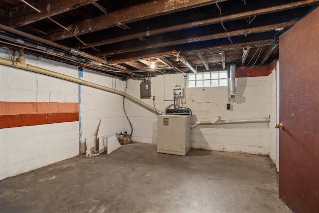 basement with electric panel and washer / dryer