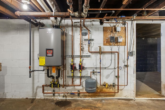 utility room with tankless water heater