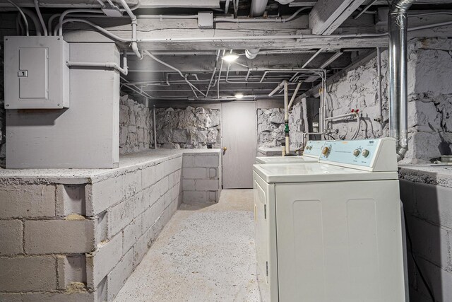 unfinished basement with washer / clothes dryer and electric panel