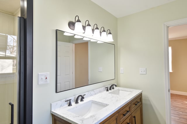 bathroom featuring a sink, baseboards, wood finished floors, and double vanity