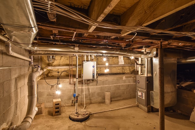 unfinished basement featuring tankless water heater