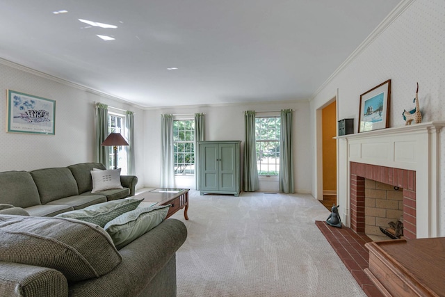 living room featuring light carpet, wallpapered walls, crown molding, and a wealth of natural light