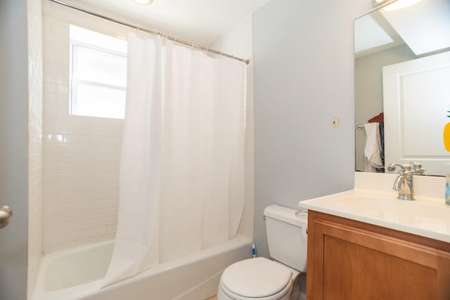 bathroom featuring toilet, vanity, and shower / bathtub combination with curtain