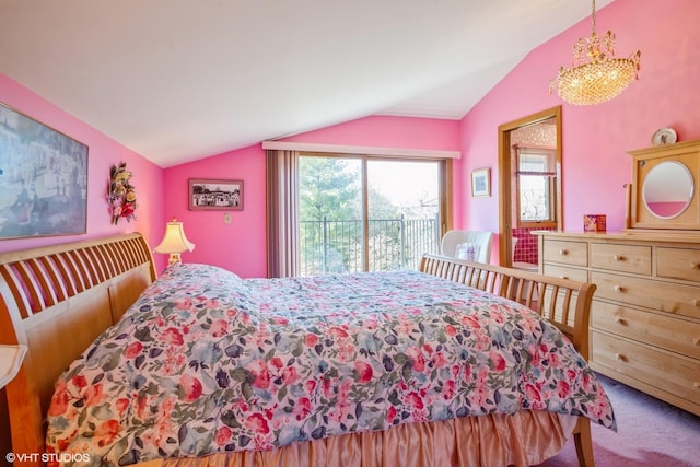 bedroom with lofted ceiling, carpet, an inviting chandelier, and access to exterior