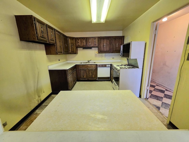 kitchen featuring dark brown cabinetry, light floors, white dishwasher, and a sink