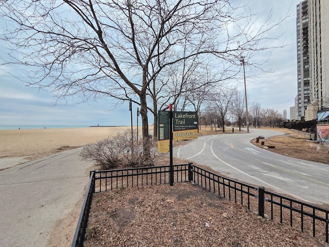 view of road with a water view