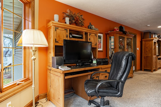 office space with light carpet, plenty of natural light, a textured ceiling, and baseboards