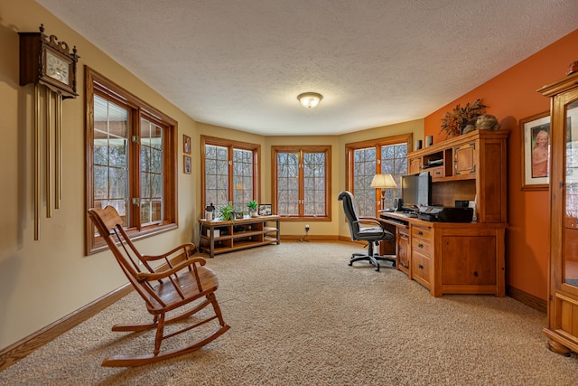 office space with light carpet, a textured ceiling, and baseboards