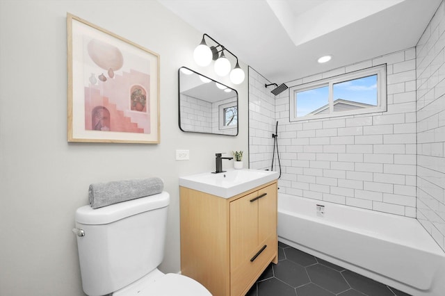 full bath with shower / bathtub combination, vanity, toilet, and tile patterned floors