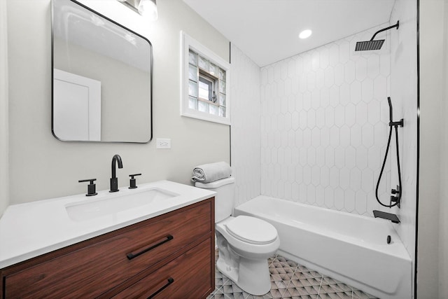 full bath with tub / shower combination, vanity, and toilet