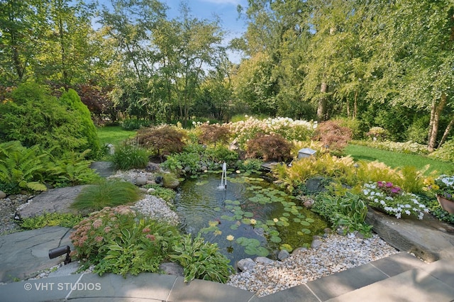 view of home's community with a small pond