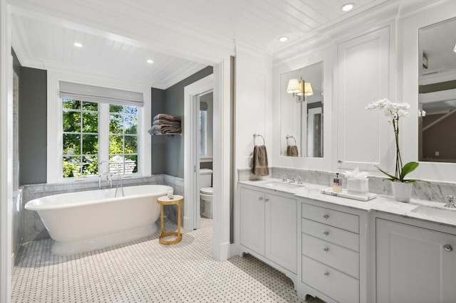 bathroom featuring a sink, double vanity, toilet, and ornamental molding