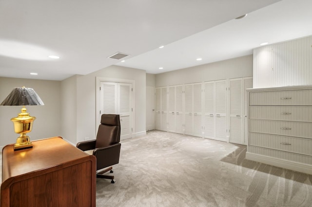 carpeted office with visible vents, recessed lighting, and baseboards