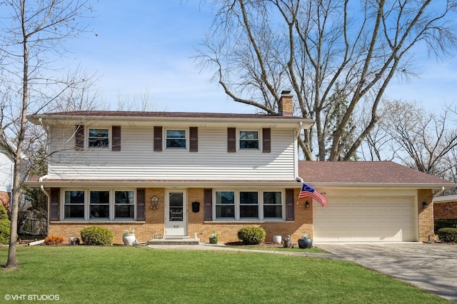 view of front facade with an attached garage, brick siding, and a chimney