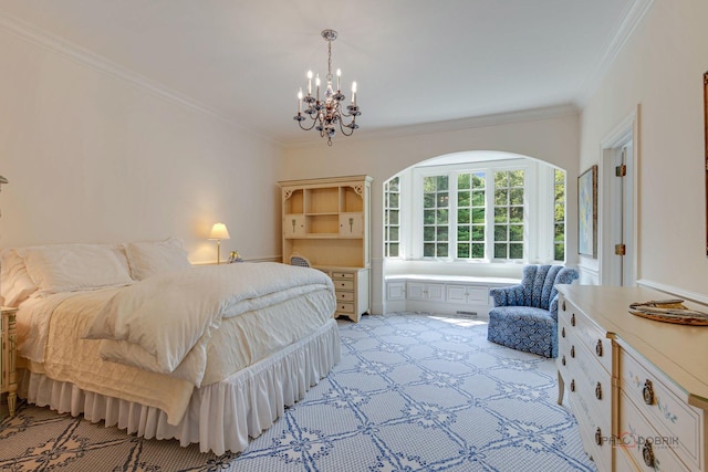 bedroom featuring a chandelier, light colored carpet, and crown molding