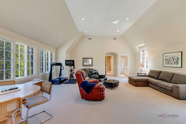 living area featuring carpet, visible vents, and recessed lighting