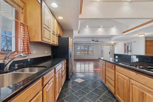 22915 Mcguire Rd, Wilmington, IL 60481 - kitchen featuring visible vents, ceiling fan, dark stone counters, stovetop with downdraft, and a sink
