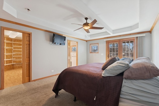 22915 Mcguire Rd, Wilmington, IL 60481 - carpeted bedroom featuring a tray ceiling, baseboards, access to exterior, and a ceiling fan