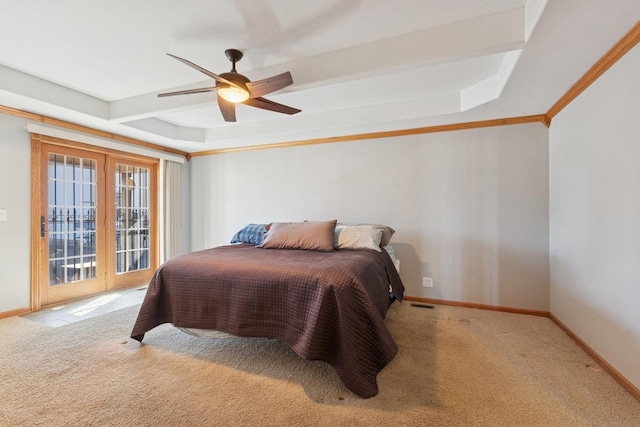 22915 Mcguire Rd, Wilmington, IL 60481 - bedroom featuring a raised ceiling, a ceiling fan, carpet floors, baseboards, and access to exterior