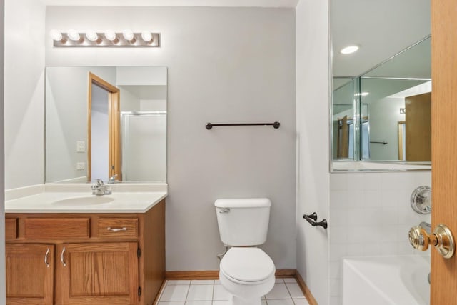 bathroom featuring baseboards, a tub, tile patterned flooring, walk in shower, and toilet