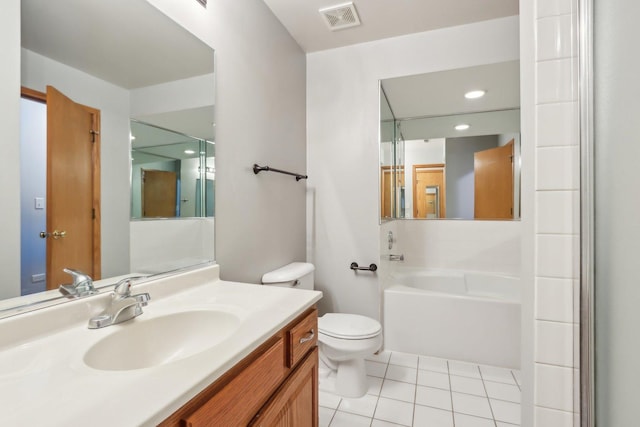 full bathroom with vanity, a bath, visible vents, tile patterned flooring, and toilet