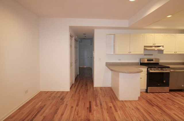 kitchen featuring stainless steel appliances, light wood-style floors, under cabinet range hood, and baseboards