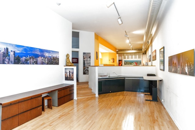 kitchen with light wood finished floors and rail lighting