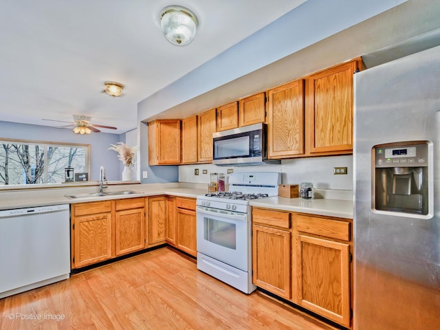 kitchen with ceiling fan, a sink, light countertops, light wood-style floors, and appliances with stainless steel finishes