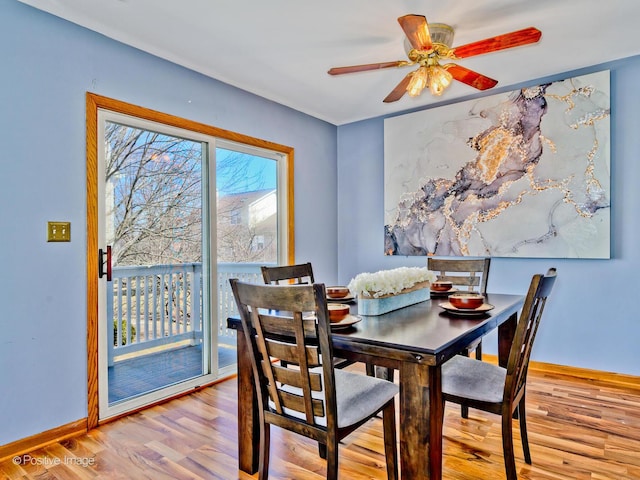 dining area featuring a ceiling fan, wood finished floors, and baseboards