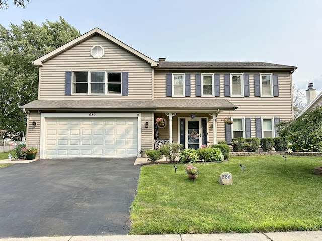 view of front of house featuring an attached garage, aphalt driveway, and a front yard