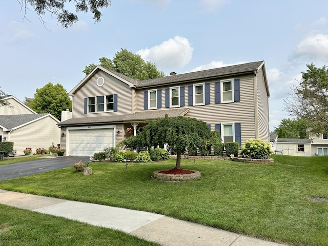 colonial-style house with driveway, an attached garage, and a front yard