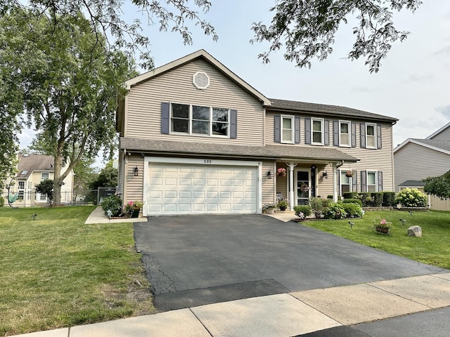 view of front of home featuring an attached garage, aphalt driveway, fence, and a front lawn