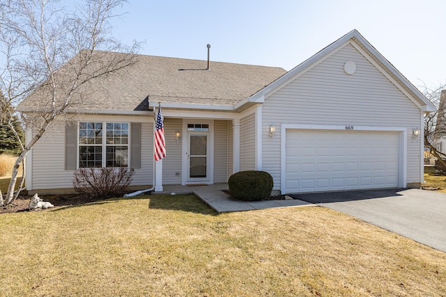 view of front of house featuring driveway, a front lawn, an attached garage, and a shingled roof