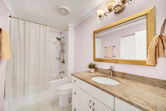 full bath featuring marble finish floor, ornamental molding, shower / bath combo, and vanity