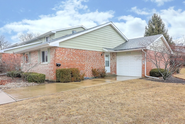 view of front of home with an attached garage, a shingled roof, concrete driveway, and brick siding