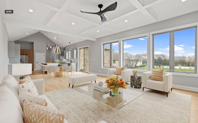 living area with recessed lighting, beam ceiling, baseboards, and light wood finished floors