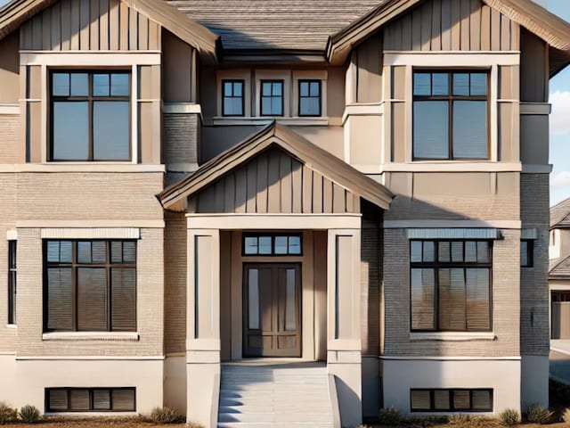 view of front of house with board and batten siding, brick siding, and a shingled roof