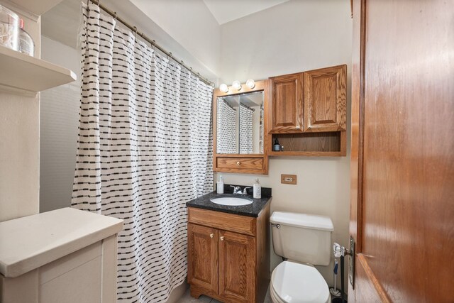 bathroom with vanity, toilet, and a shower with curtain