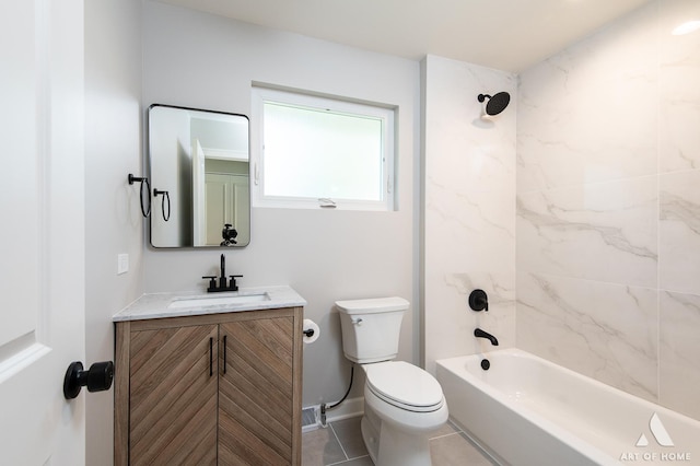 full bathroom with baseboards, toilet, tile patterned flooring, vanity, and washtub / shower combination