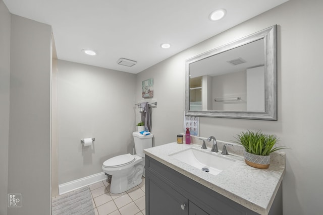 bathroom featuring toilet, recessed lighting, visible vents, vanity, and tile patterned floors