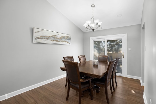 dining area with baseboards, a chandelier, vaulted ceiling, and dark wood-type flooring