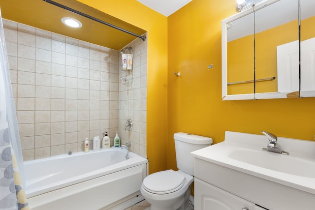 full bath featuring shower / bath combo, vanity, and toilet