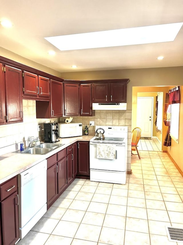 kitchen with backsplash, a sink, dark brown cabinets, white appliances, and under cabinet range hood