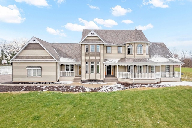 view of front of house featuring a porch, a front lawn, and a shingled roof