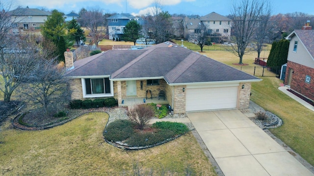 ranch-style house with a garage, concrete driveway, a residential view, a chimney, and a front yard