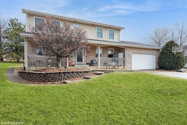 traditional-style home with brick siding, a front yard, covered porch, a garage, and driveway